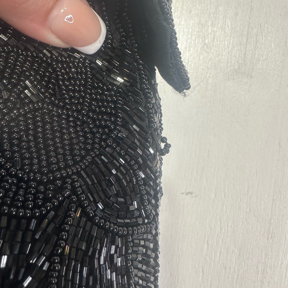 Vintage Black Glass Beaded Evening Purse Floral Drawstring Tassel Cocktail Bag - Picture 14 of 15